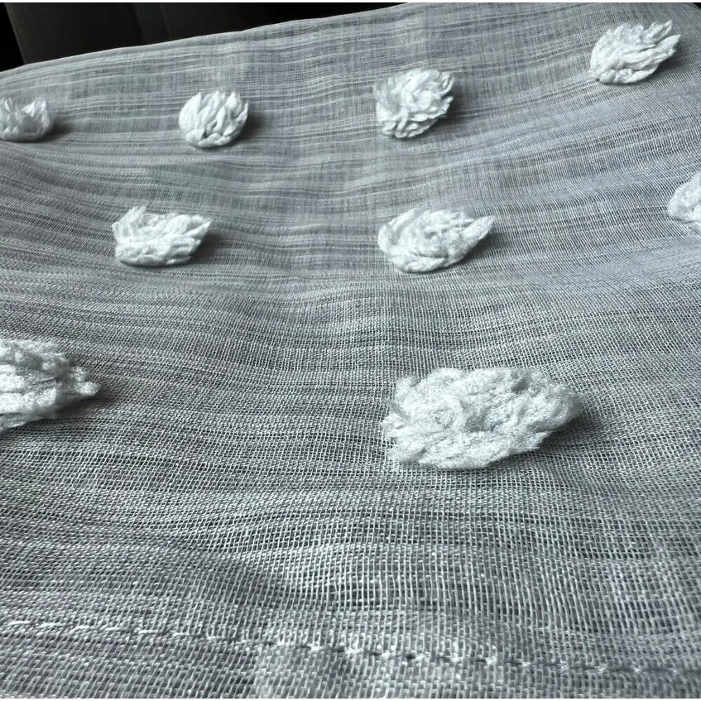 Textured Lightweight Gray Curtain Panel With Woven Pom-Pom Design 96X50 Weighted